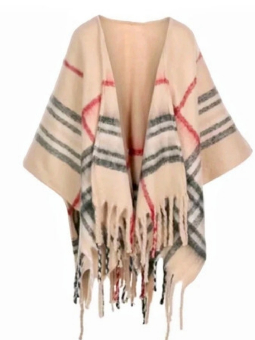 V. FRAAS Plaid Fringe Ruana Poncho in Cream & Gray